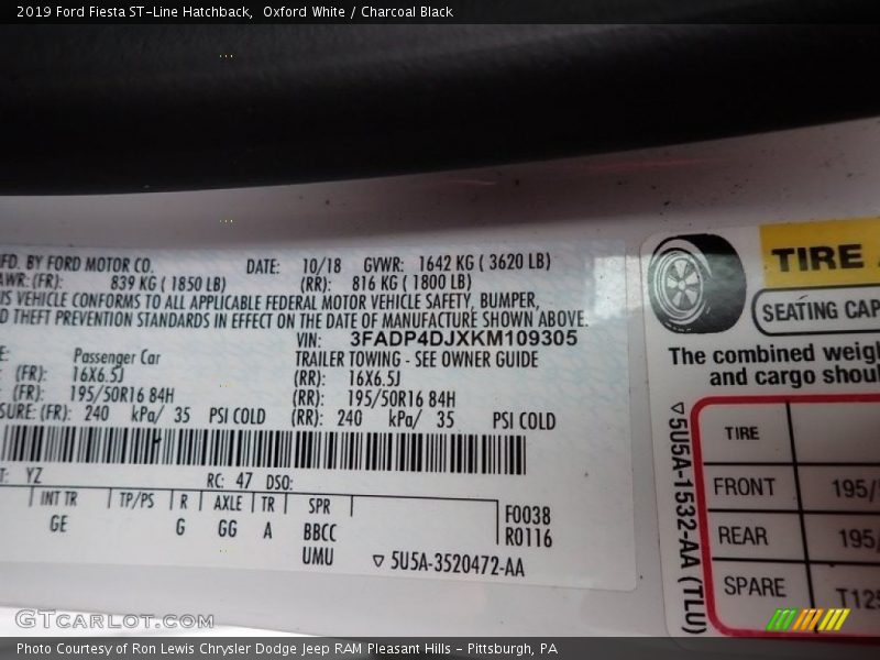 2019 Fiesta ST-Line Hatchback Oxford White Color Code YZ