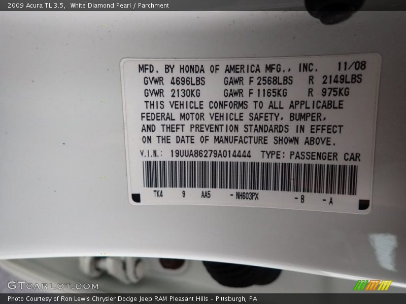 White Diamond Pearl / Parchment 2009 Acura TL 3.5