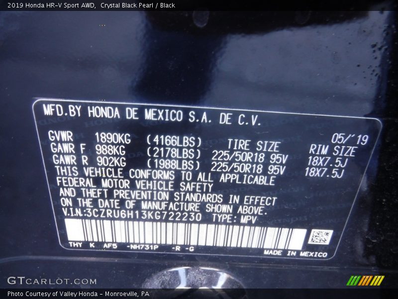 Crystal Black Pearl / Black 2019 Honda HR-V Sport AWD