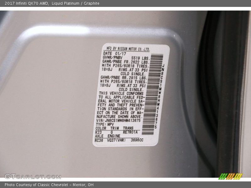 2017 QX70 AWD Liquid Platinum Color Code K23