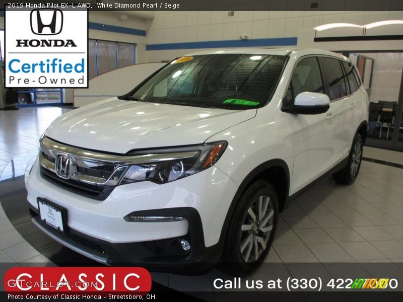 White Diamond Pearl / Beige 2019 Honda Pilot EX-L AWD