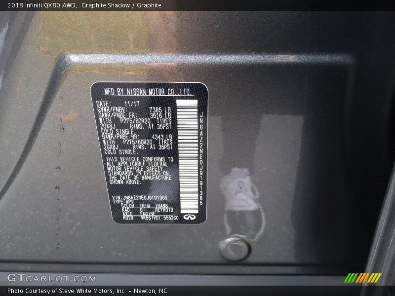2018 QX80 AWD Graphite Shadow Color Code KAD