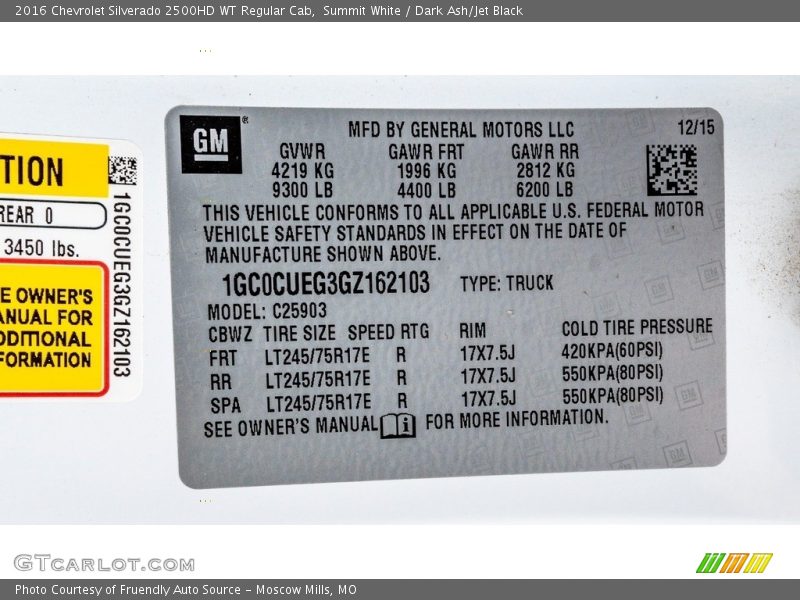 Summit White / Dark Ash/Jet Black 2016 Chevrolet Silverado 2500HD WT Regular Cab