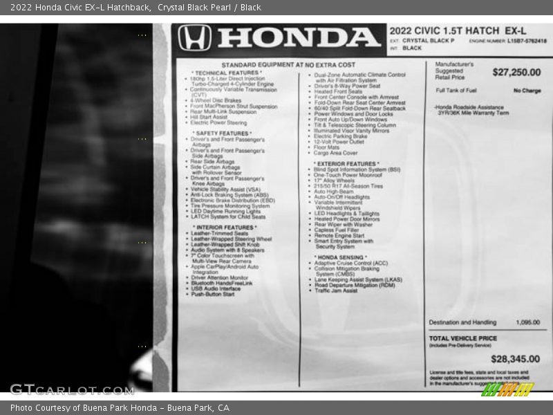  2022 Civic EX-L Hatchback Window Sticker