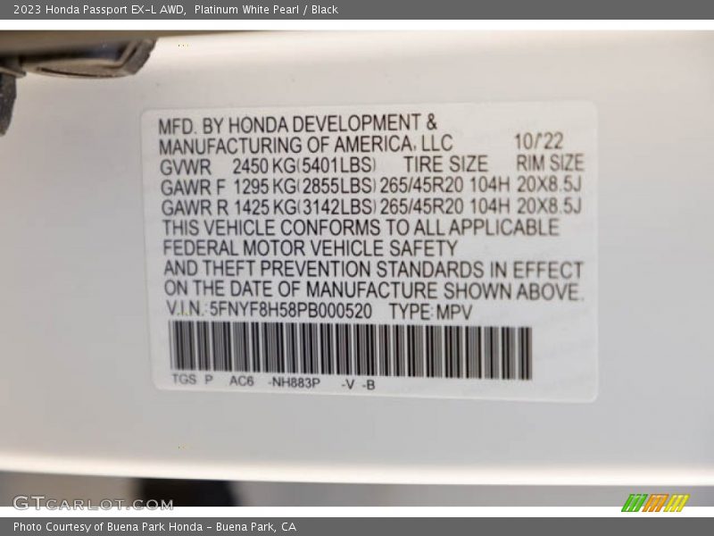 2023 Passport EX-L AWD Platinum White Pearl Color Code NH883P