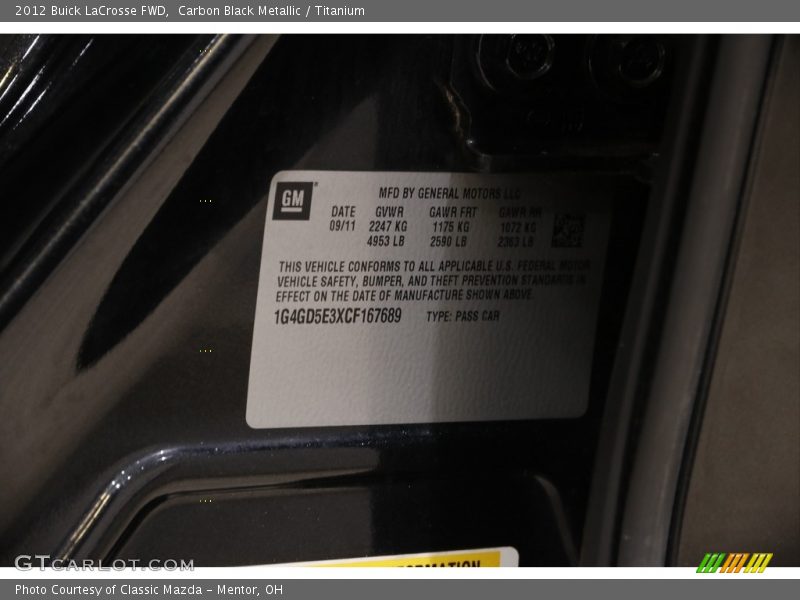 Carbon Black Metallic / Titanium 2012 Buick LaCrosse FWD