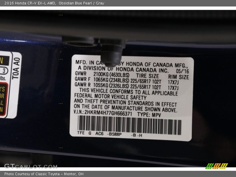 2016 CR-V EX-L AWD Obsidian Blue Pearl Color Code B588P