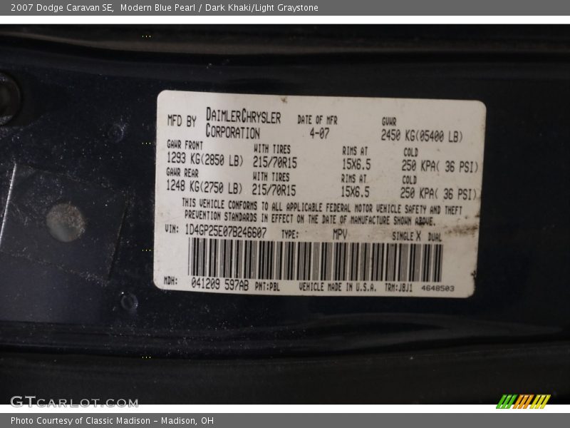 2007 Caravan SE Modern Blue Pearl Color Code PBL