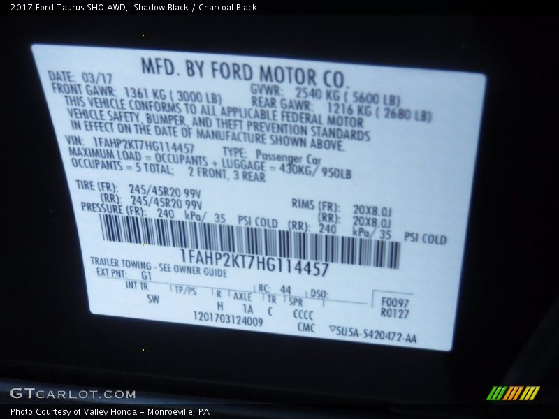 2017 Taurus SHO AWD Shadow Black Color Code G1