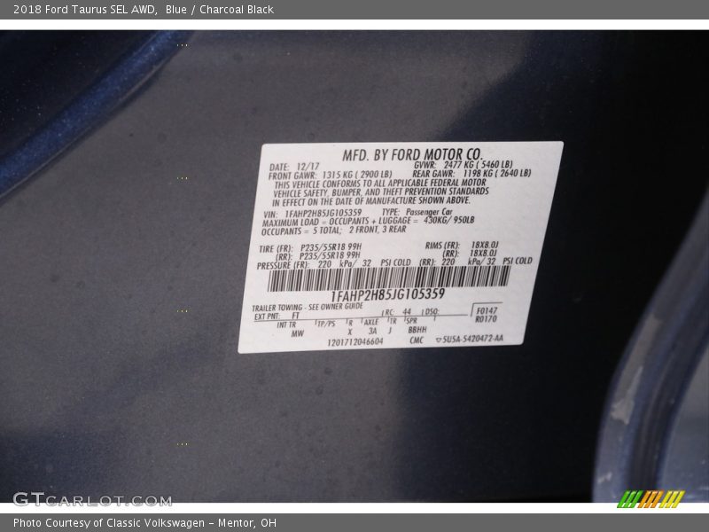 Blue / Charcoal Black 2018 Ford Taurus SEL AWD