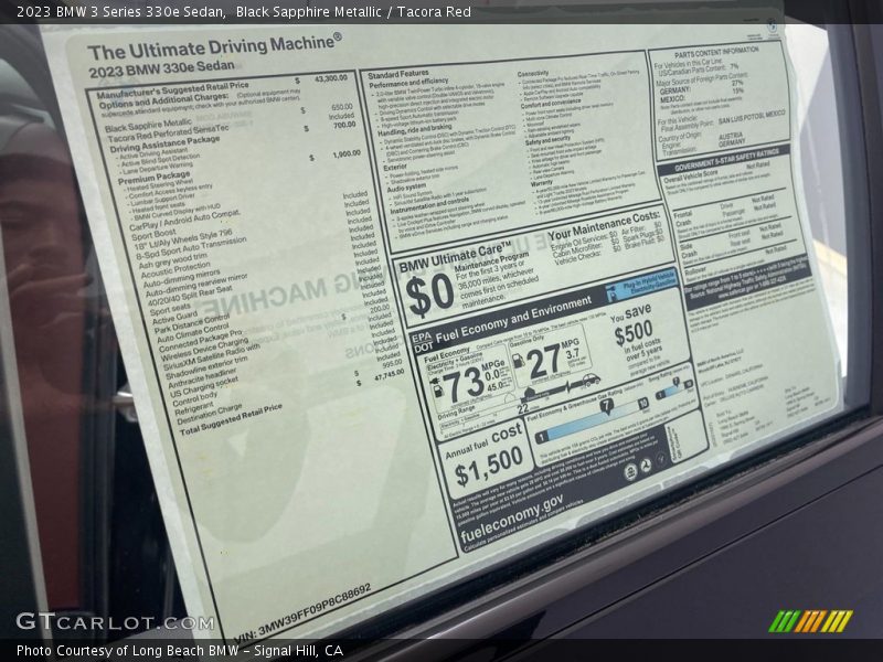 Black Sapphire Metallic / Tacora Red 2023 BMW 3 Series 330e Sedan