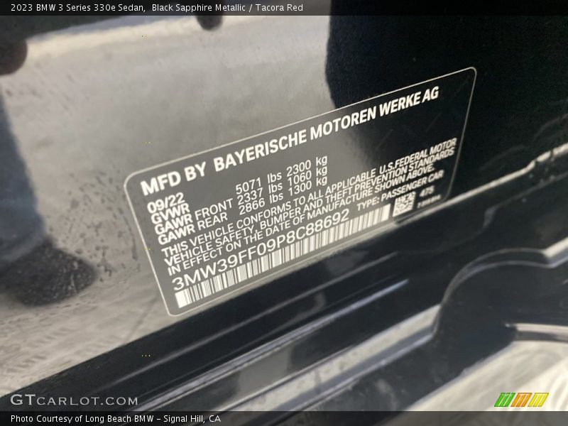 Black Sapphire Metallic / Tacora Red 2023 BMW 3 Series 330e Sedan