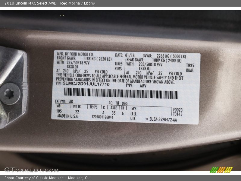 2018 MKC Select AWD Iced Mocha Color Code AR