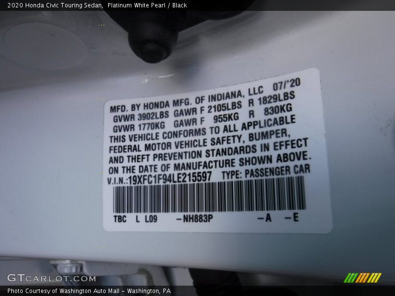 Platinum White Pearl / Black 2020 Honda Civic Touring Sedan