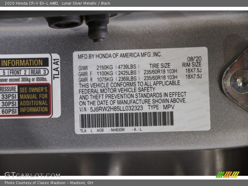 Lunar Silver Metallic / Black 2020 Honda CR-V EX-L AWD