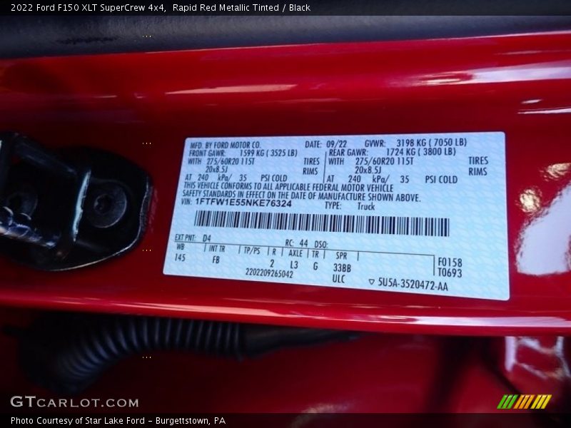 Rapid Red Metallic Tinted / Black 2022 Ford F150 XLT SuperCrew 4x4
