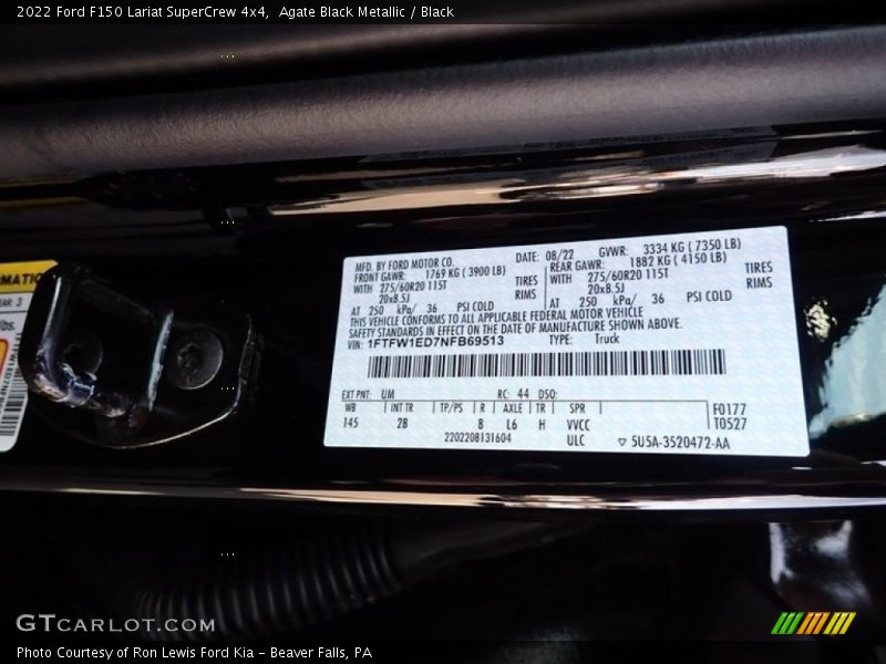 2022 F150 Lariat SuperCrew 4x4 Agate Black Metallic Color Code UM
