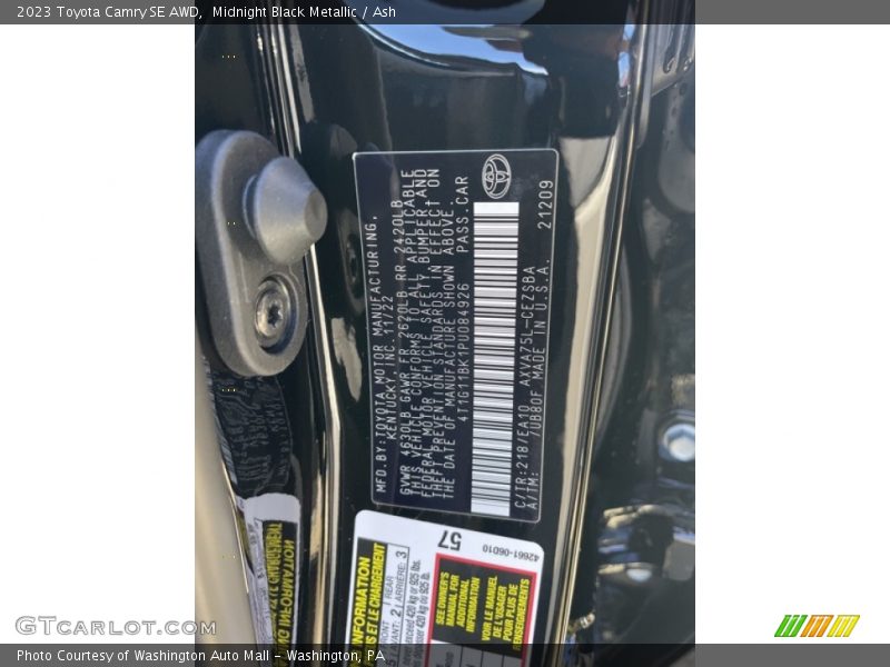 2023 Camry SE AWD Midnight Black Metallic Color Code 218