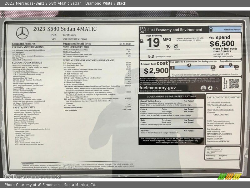  2023 S 580 4Matic Sedan Window Sticker