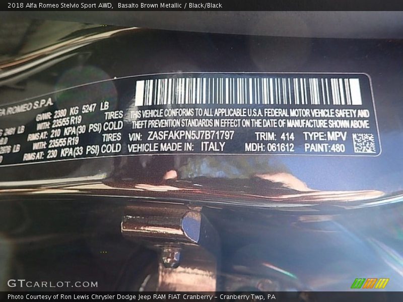 2018 Stelvio Sport AWD Basalto Brown Metallic Color Code 480