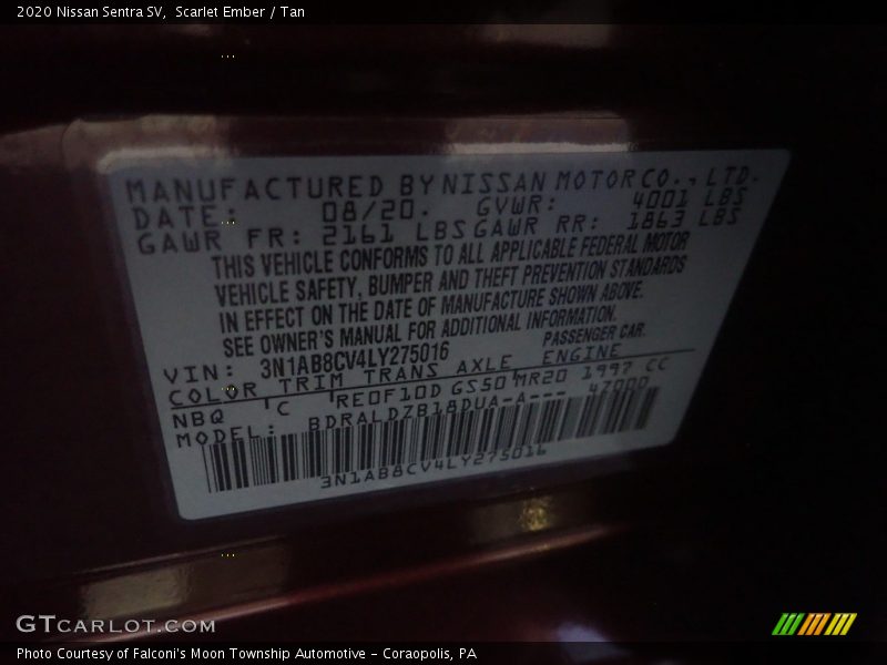 2020 Sentra SV Scarlet Ember Color Code NBQ