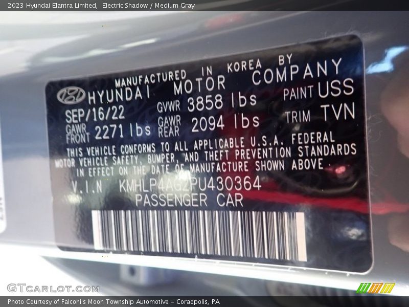 2023 Elantra Limited Electric Shadow Color Code USS