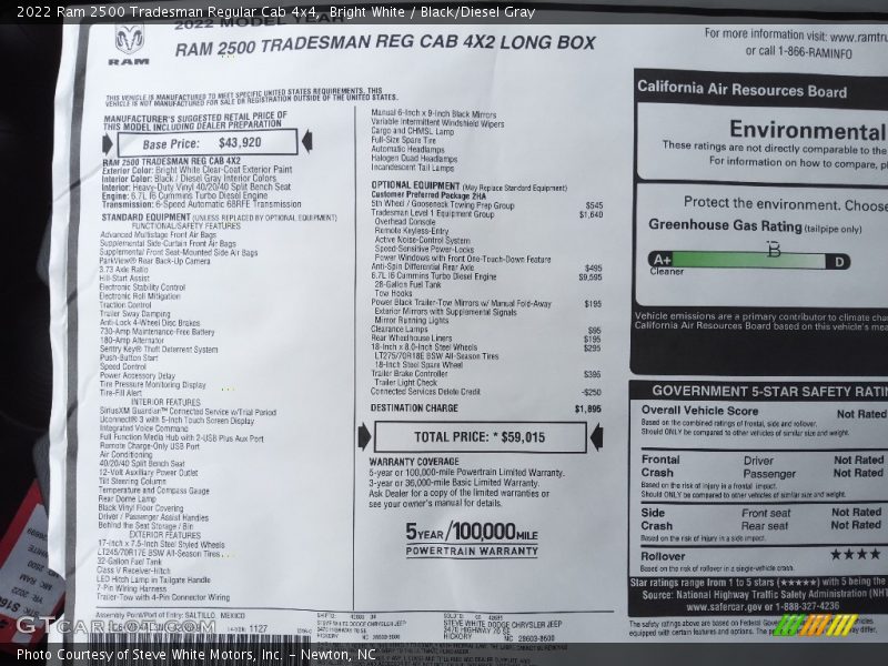  2022 2500 Tradesman Regular Cab 4x4 Window Sticker