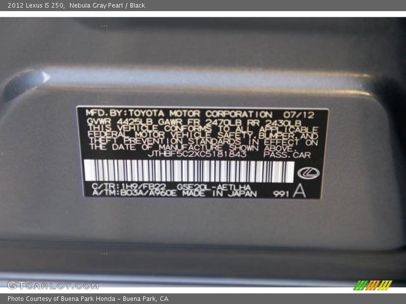 Nebula Gray Pearl / Black 2012 Lexus IS 250