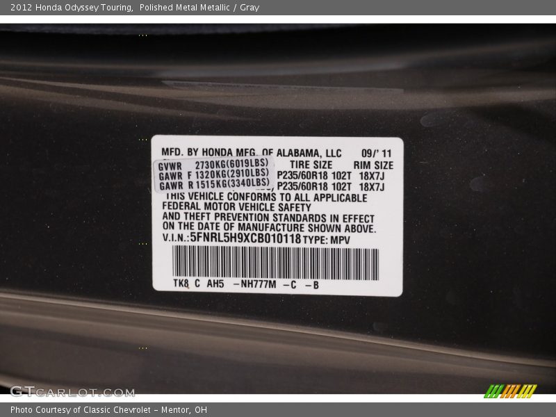 Polished Metal Metallic / Gray 2012 Honda Odyssey Touring