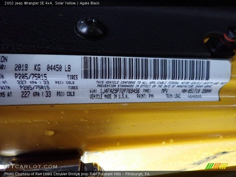 Solar Yellow / Agate Black 2002 Jeep Wrangler SE 4x4