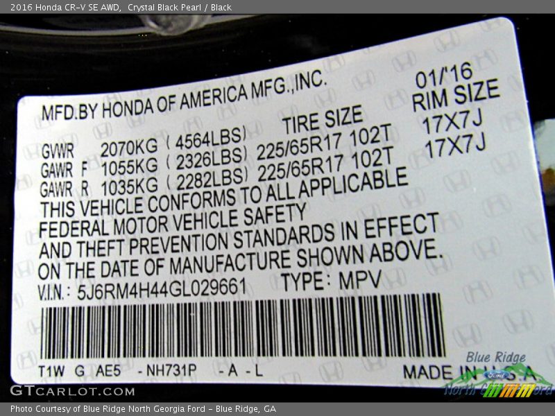 2016 CR-V SE AWD Crystal Black Pearl Color Code NH731P