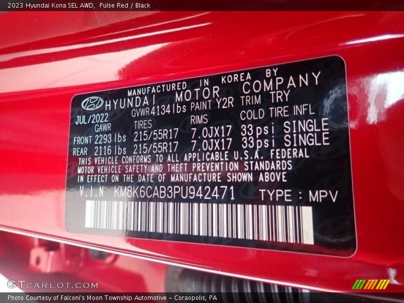2023 Kona SEL AWD Pulse Red Color Code Y2R