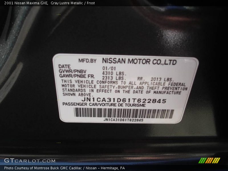 Gray Lustre Metallic / Frost 2001 Nissan Maxima GXE