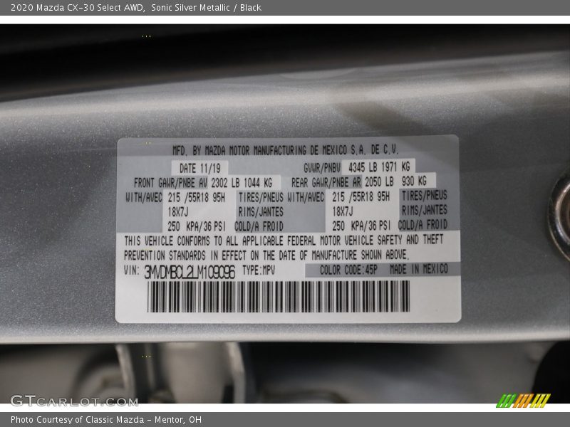 Sonic Silver Metallic / Black 2020 Mazda CX-30 Select AWD