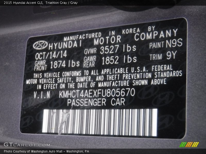 2015 Accent GLS Triathlon Gray Color Code N9S
