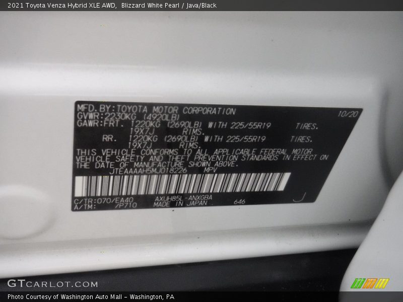 Blizzard White Pearl / Java/Black 2021 Toyota Venza Hybrid XLE AWD