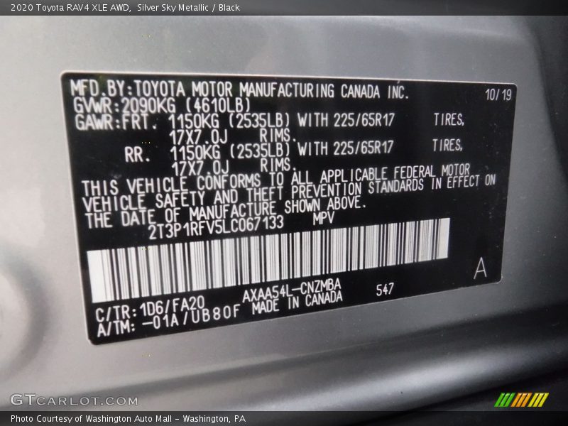 Silver Sky Metallic / Black 2020 Toyota RAV4 XLE AWD