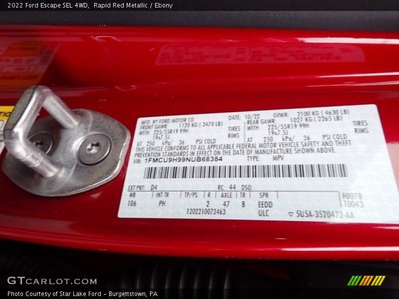 2022 Escape SEL 4WD Rapid Red Metallic Color Code D4