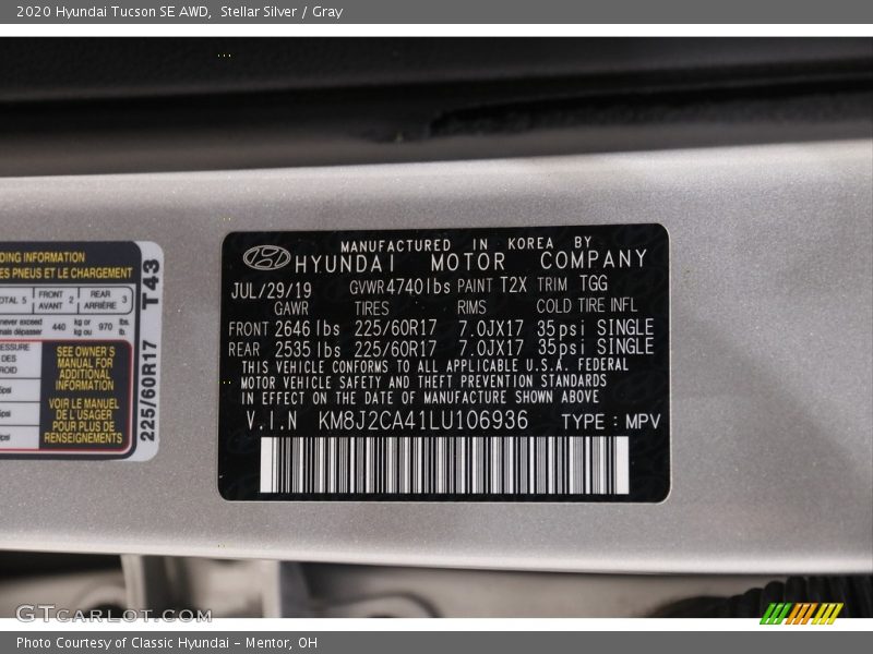 Stellar Silver / Gray 2020 Hyundai Tucson SE AWD