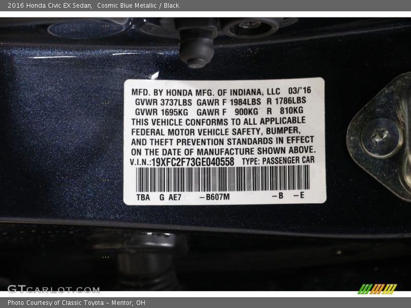 Cosmic Blue Metallic / Black 2016 Honda Civic EX Sedan