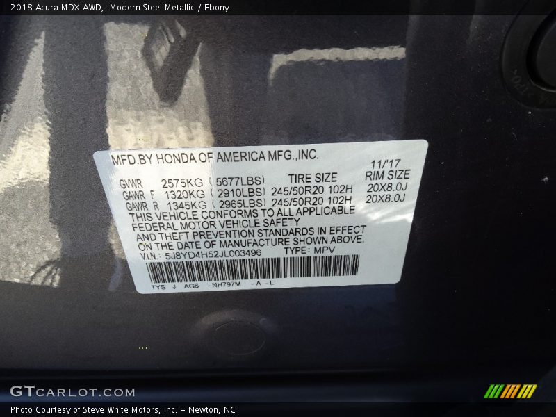 Modern Steel Metallic / Ebony 2018 Acura MDX AWD