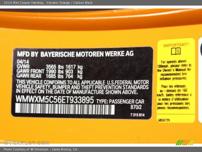 Volcanic Orange / Carbon Black 2014 Mini Cooper Hardtop