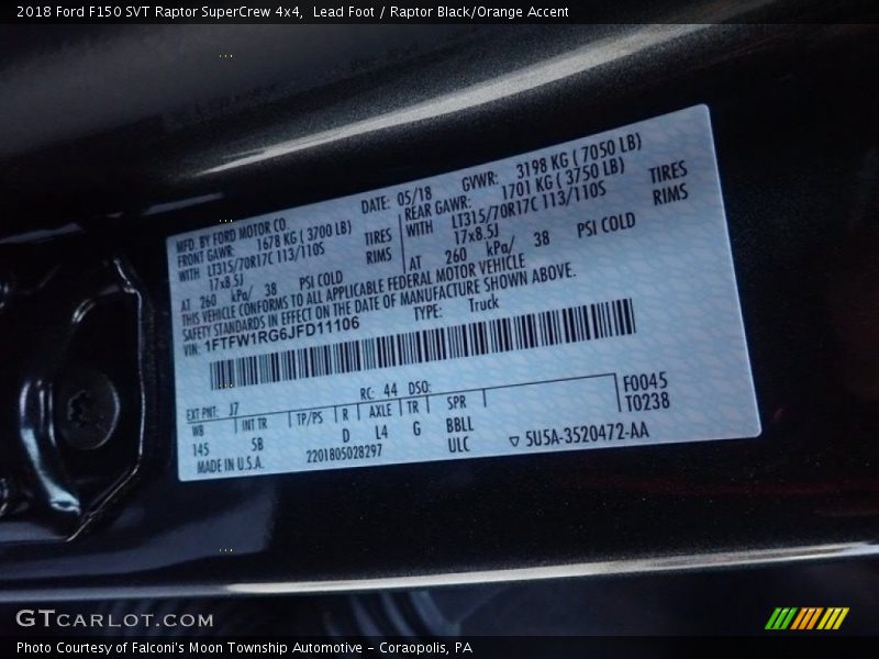 2018 F150 SVT Raptor SuperCrew 4x4 Lead Foot Color Code J7