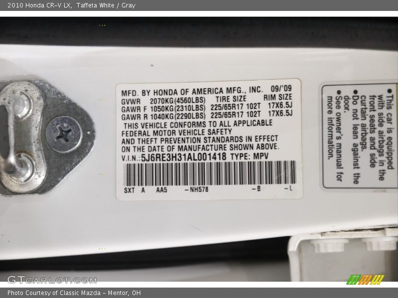 Taffeta White / Gray 2010 Honda CR-V LX