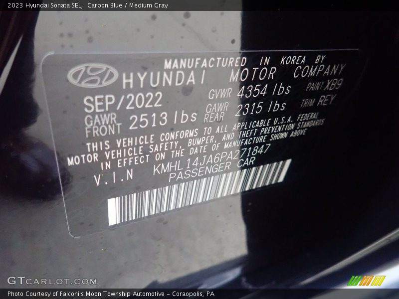 2023 Sonata SEL Carbon Blue Color Code XB9