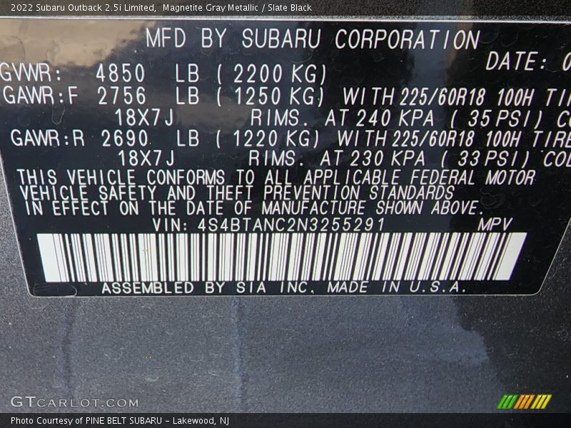 Magnetite Gray Metallic / Slate Black 2022 Subaru Outback 2.5i Limited