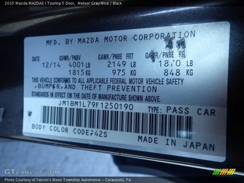 2015 MAZDA3 i Touring 5 Door Meteor Gray Mica Color Code 42S