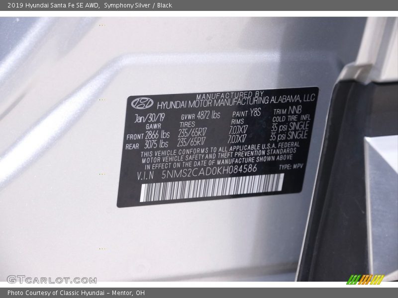 Symphony Silver / Black 2019 Hyundai Santa Fe SE AWD