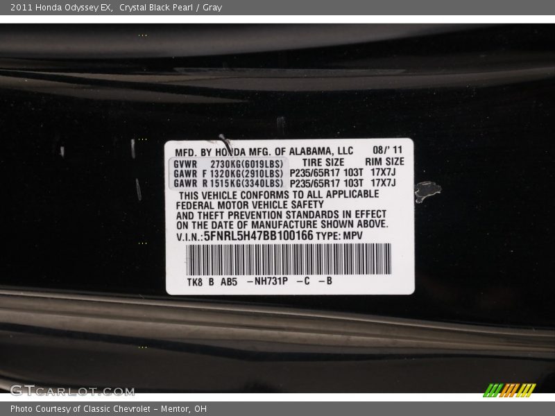 Crystal Black Pearl / Gray 2011 Honda Odyssey EX