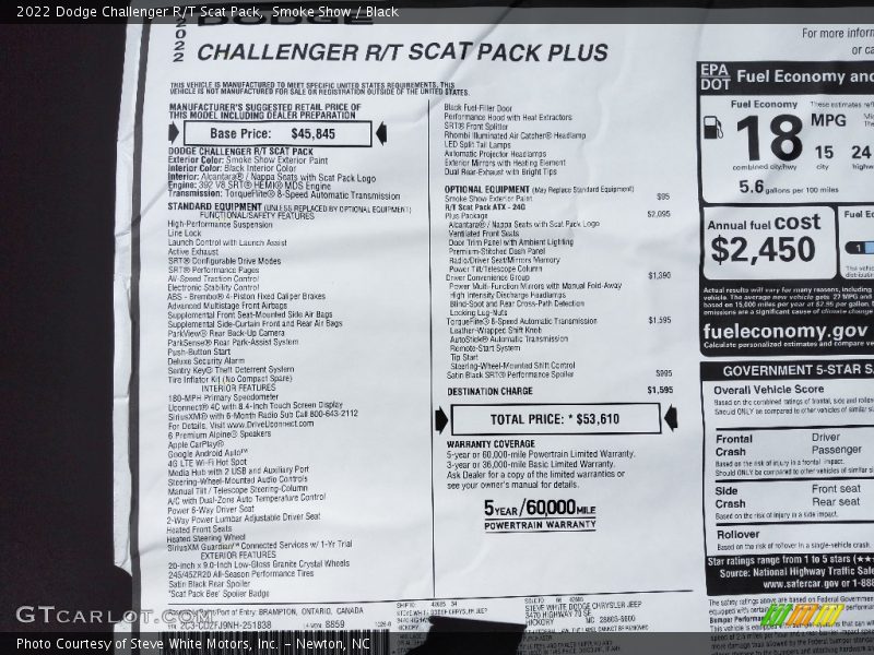 Smoke Show / Black 2022 Dodge Challenger R/T Scat Pack